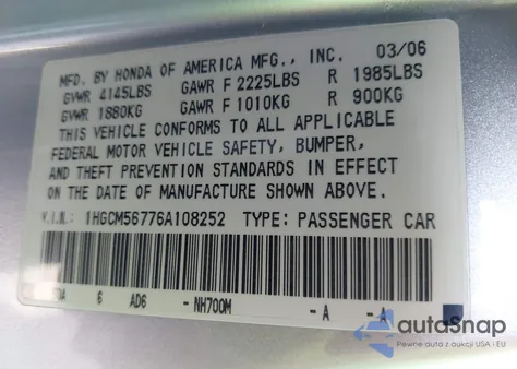 2006 Honda Accord 2.4 Ex z USA, uszkodzony, nr VIN 1HGCM56776A108252
